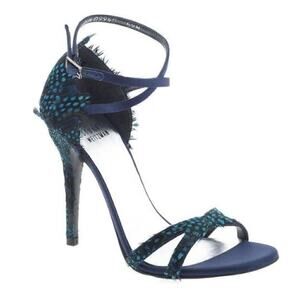Stuart Weitzman Feather Heels Leather Les Plumes Sandal Blue Women's Size 9.5M
